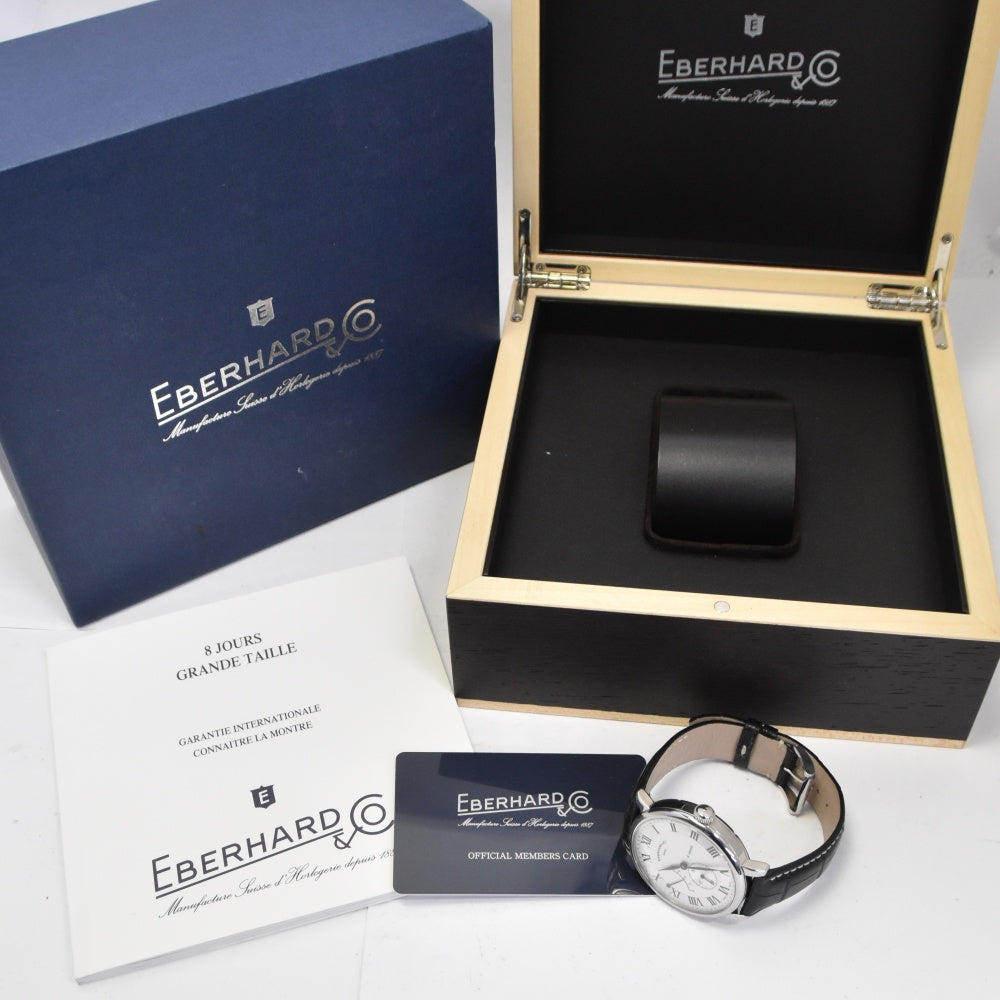 with paper EBERHARD 8 hours Grand tail 21027.2 CP Power reserve Small second Silver Dial Hand Winding Men's
 Watch A#138704
