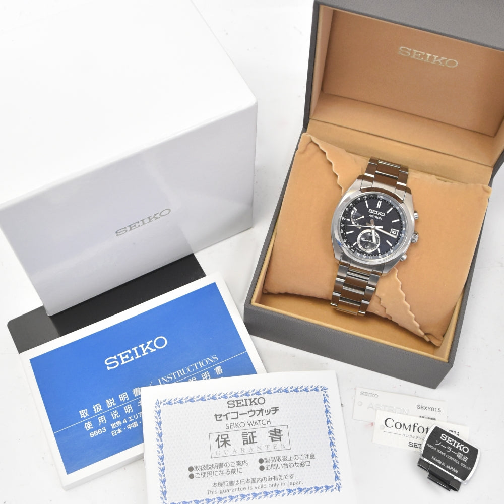 with paper SEIKO Astron SBXY015/8B63-0BA0 Day date black Dial Radio Sync Solar Men's
 Watch C#138722