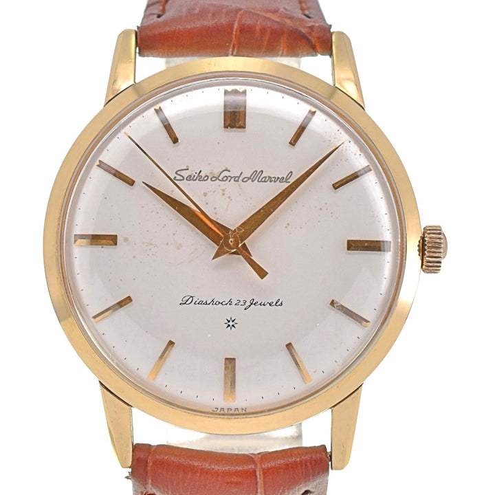 SEIKO Road Marvel early model 1959 J14050 vintage Engraved logo K18YG/leather Silver Dial Hand Winding Men's
 Watch G#139064