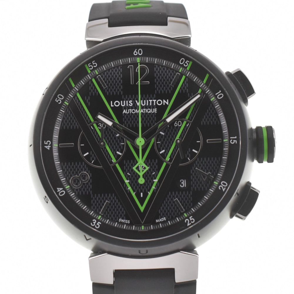 with paper LOUIS VUITTON Tambour Damier Graphite Lace QA130Z Black/Gray/Green Dial Automatic Men's
 Watch J#139966