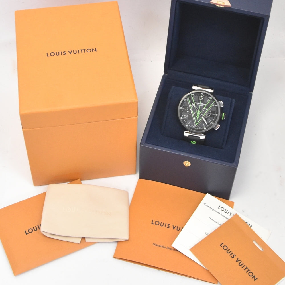 with paper LOUIS VUITTON Tambour Damier Graphite Lace QA130Z Black/Gray/Green Dial Automatic Men's
 Watch □#139966