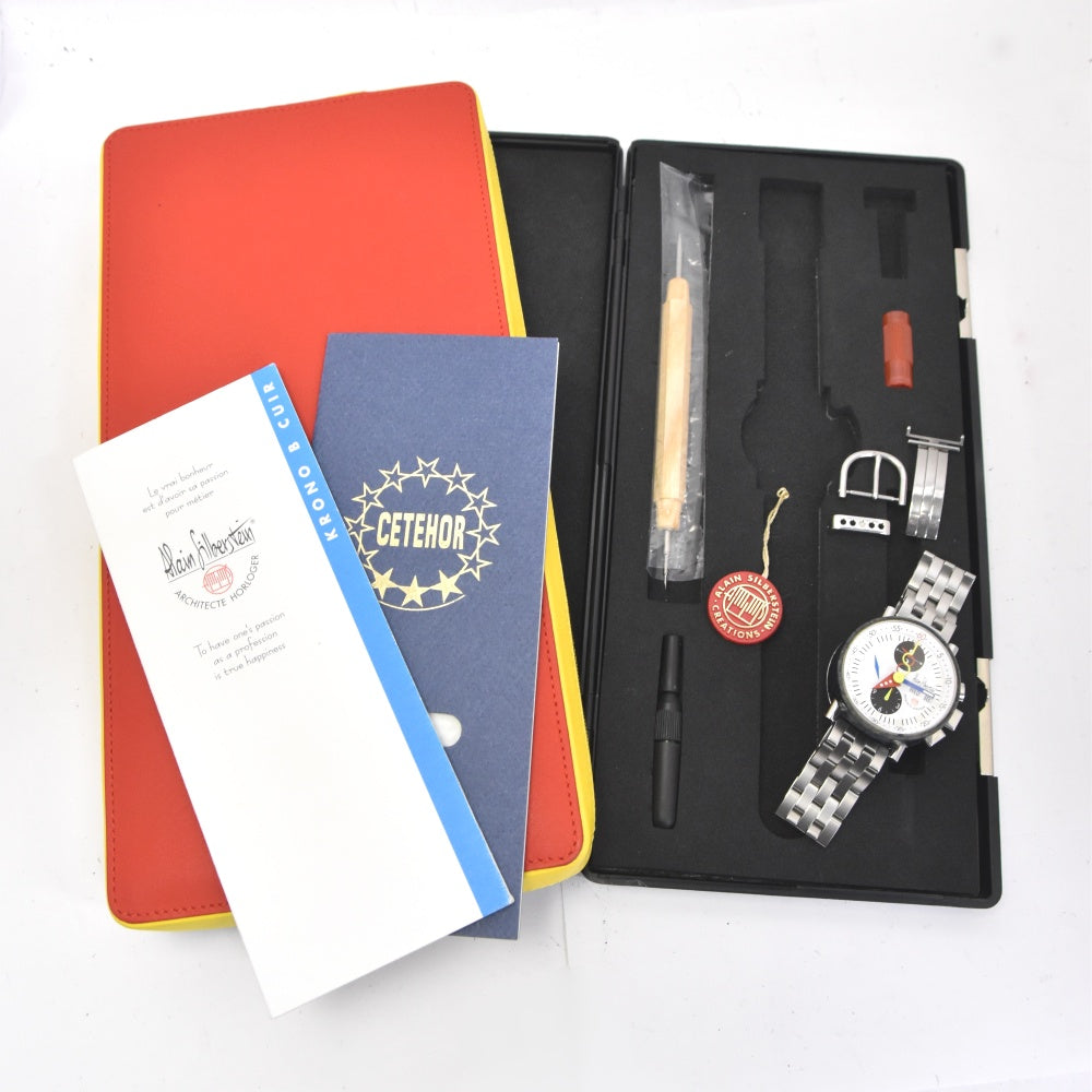 with paper Alain Silberstein KRONO B CUIR LWO5100 Chronograph white Dial Automatic Men's
 Watch I#139977