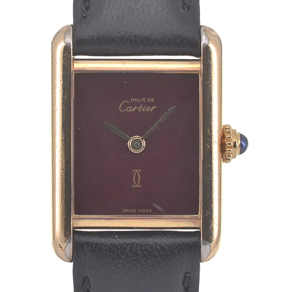 CARTIER Must Tank SM Vermeil 366001 SV925 (Gold Plated) / Leather Bordeaux Dial Quartz Ladies
 Watch N#140816
