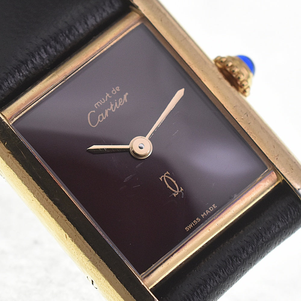 CARTIER Must Tank SM Vermeil 366001 SV925 (Gold Plated) / Leather Bordeaux Dial Quartz Ladies
 Watch N#140816