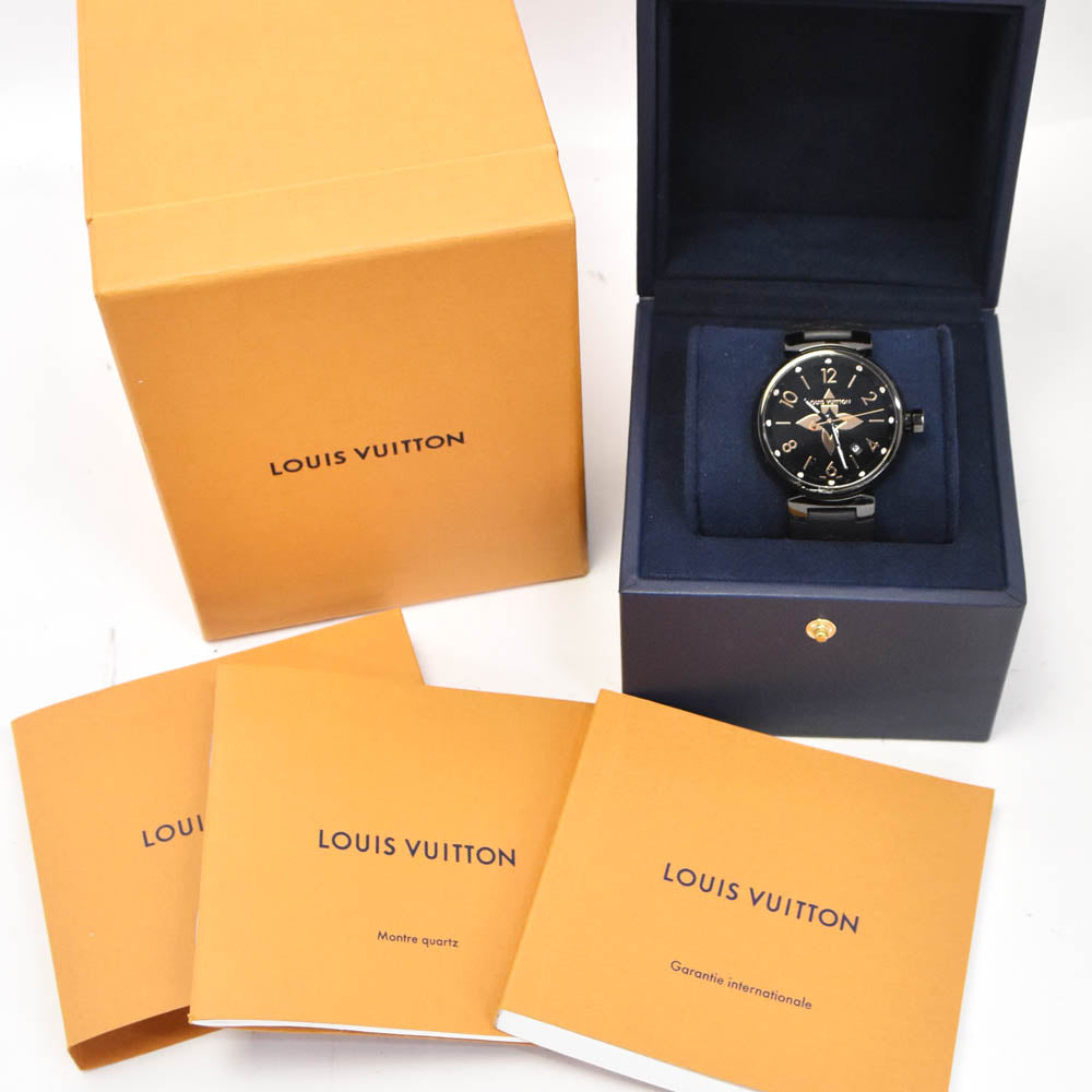 with paper LOUIS VUITTON Tambour All Black GM QA049 12P diamond date black Dial Quartz Men's
 Watch O#140902
