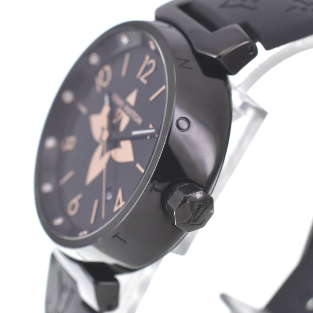 with paper LOUIS VUITTON Tambour All Black GM QA049 12P diamond date black Dial Quartz Men's
 Watch O#140902