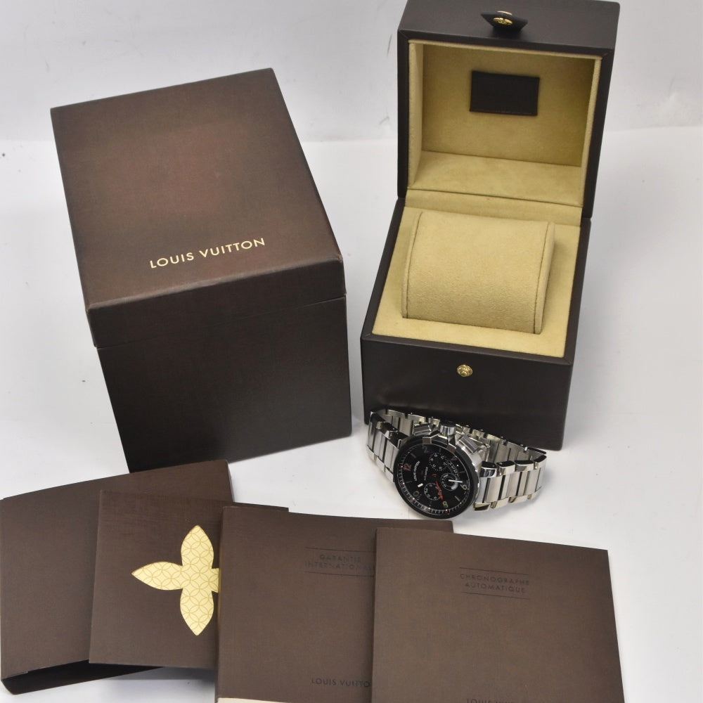 with paper LOUIS VUITTON Tambour Chronograph GMT Q1052 black Dial Automatic Men's
 Watch Q#141097