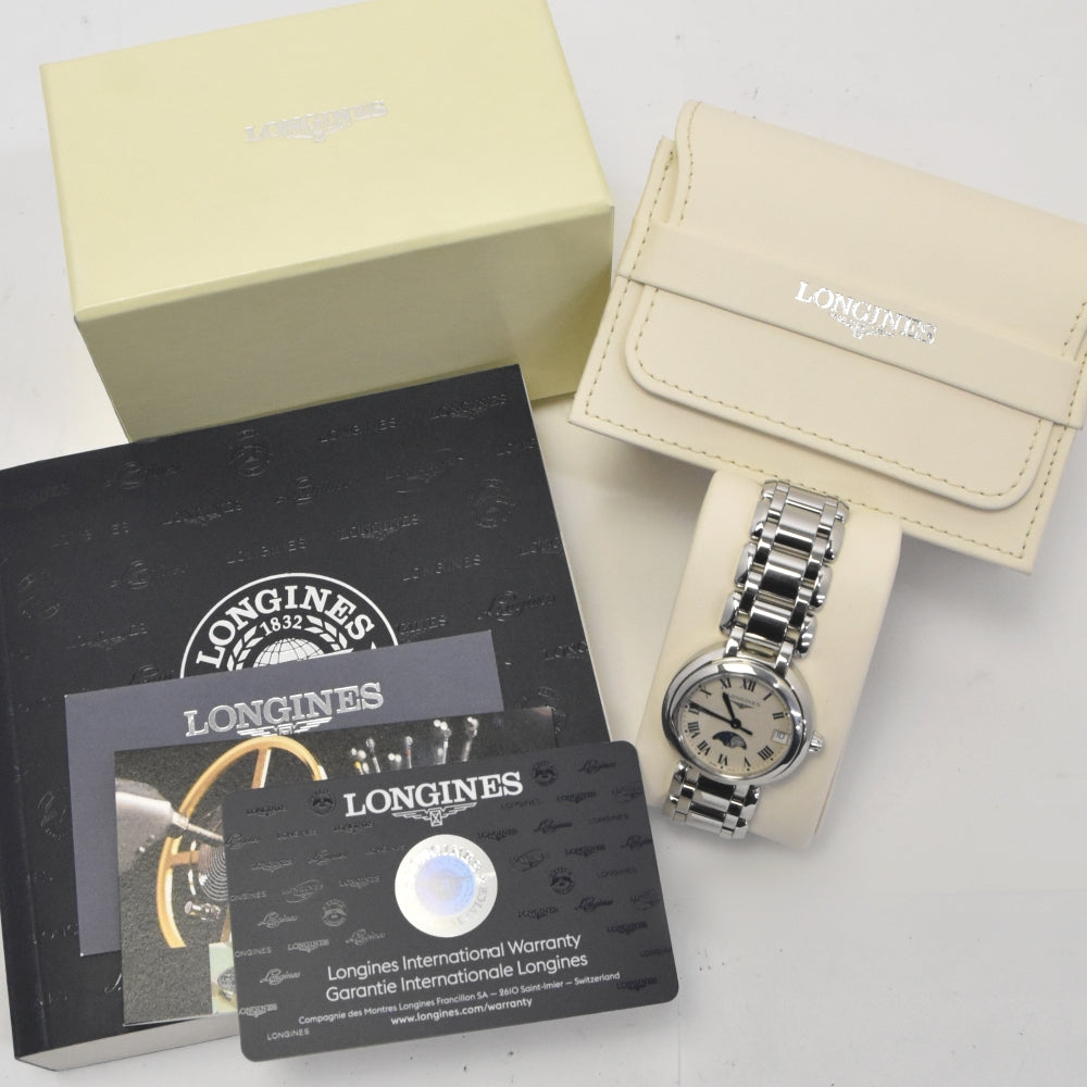 with paper LONGINES Primalna L8.115.4.71.6 Moon phase date Silver Dial Quartz Ladies
 Watch Q#141176