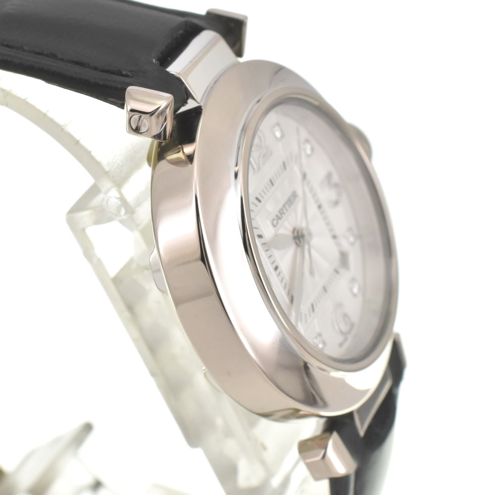 CARTIER Pasha 32 2528 8P Diamond Date K18WG Leather Silver Dial Automatic Ladies
 Watch E#141557