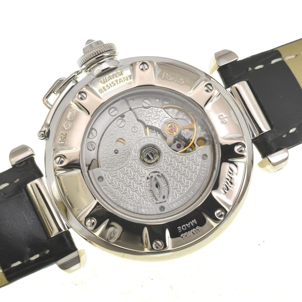 CARTIER Pasha 32 2528 8P Diamond Date K18WG Leather Silver Dial Automatic Ladies
 Watch E#141557