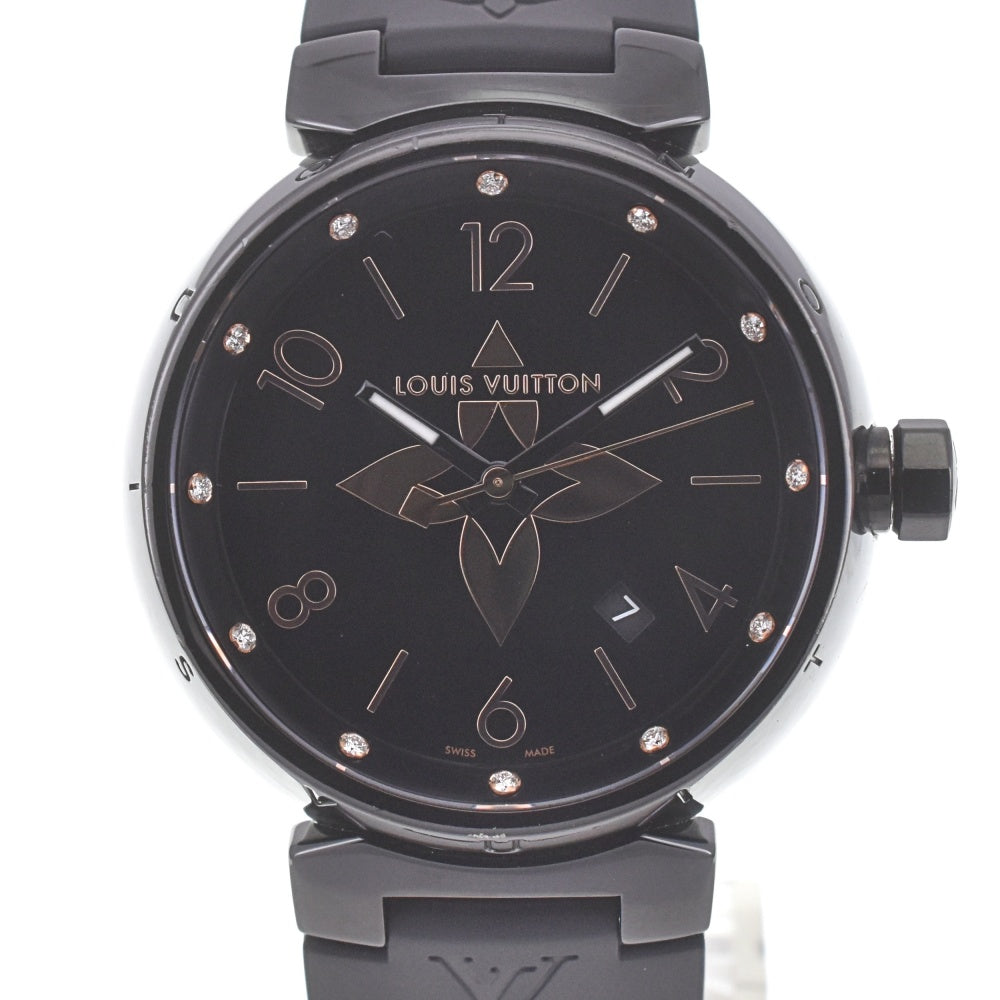 with paper LOUIS VUITTON Tambour All Black GM QA049 12P Diamond Date black Dial Quartz Men's
 Watch C#141809