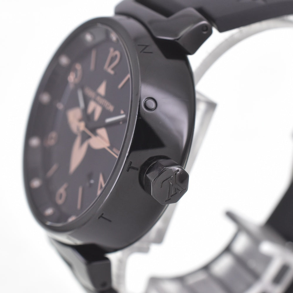 with paper LOUIS VUITTON Tambour All Black GM QA049 12P Diamond Date black Dial Quartz Men's
 Watch C#141809