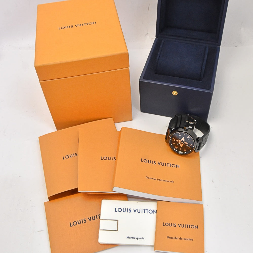 with paper LOUIS VUITTON Tambour All Black GM QA049 12P Diamond Date black Dial Quartz Men's
 Watch C#141809