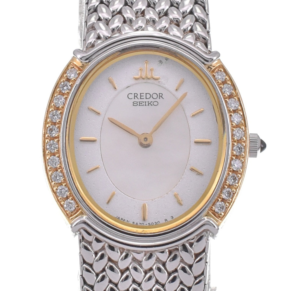 SEIKO CREDOR 5A70-3000 Stainless Steel / K18YG / Diamond White shell / Silver Dial Quartz Ladies
 Watch H#141827