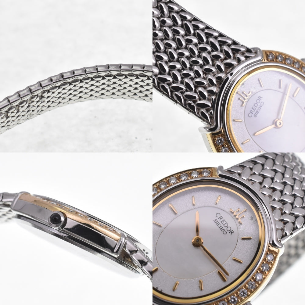 SEIKO CREDOR 5A70-3000 Stainless Steel / K18YG / Diamond White shell / Silver Dial Quartz Ladies
 Watch H#141827