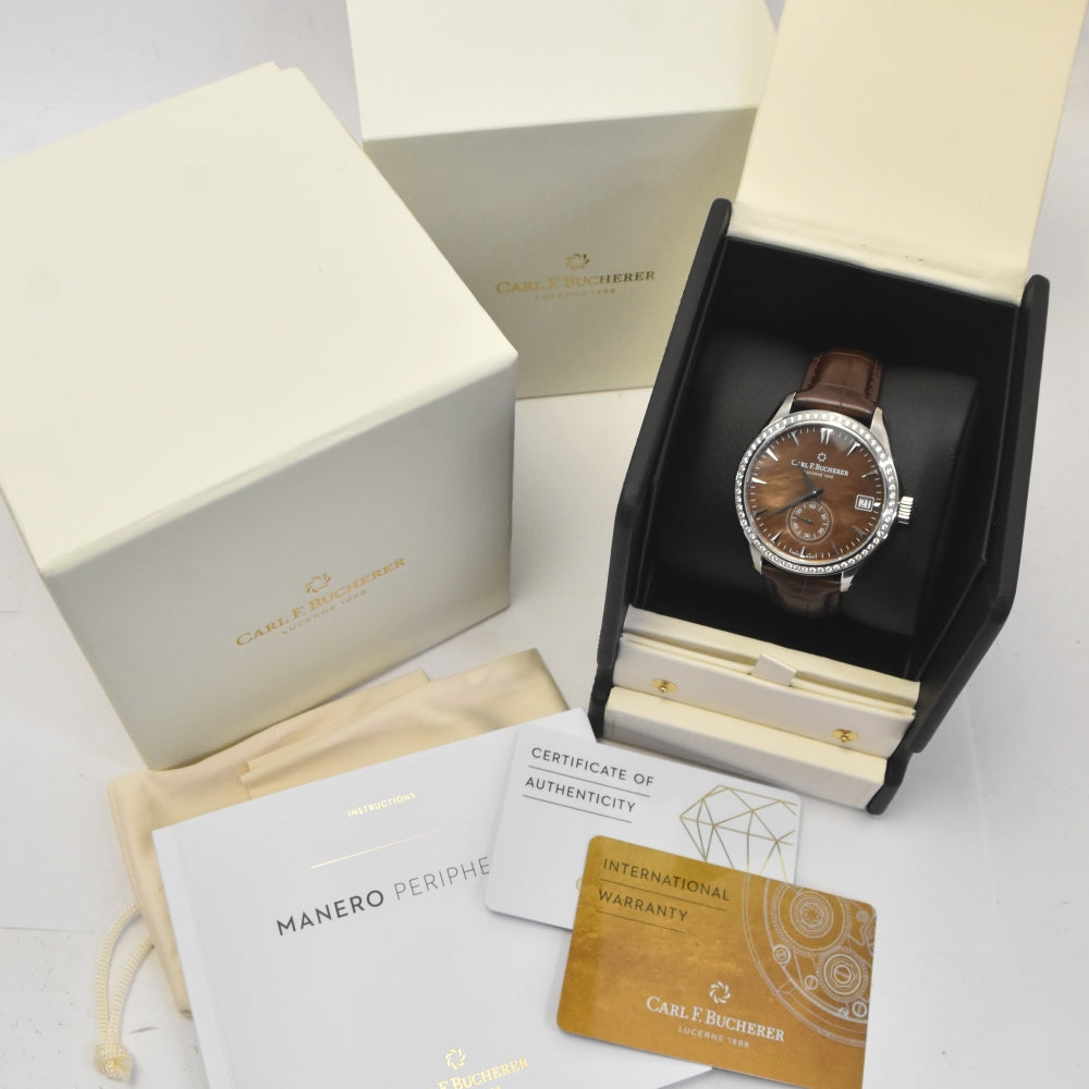 with paper CARL F.BUCHERER Manero Peripheral 00.10917.08.83.11 Diamond Bezel Brown shell Dial Automatic Men's
 Watch C#142031