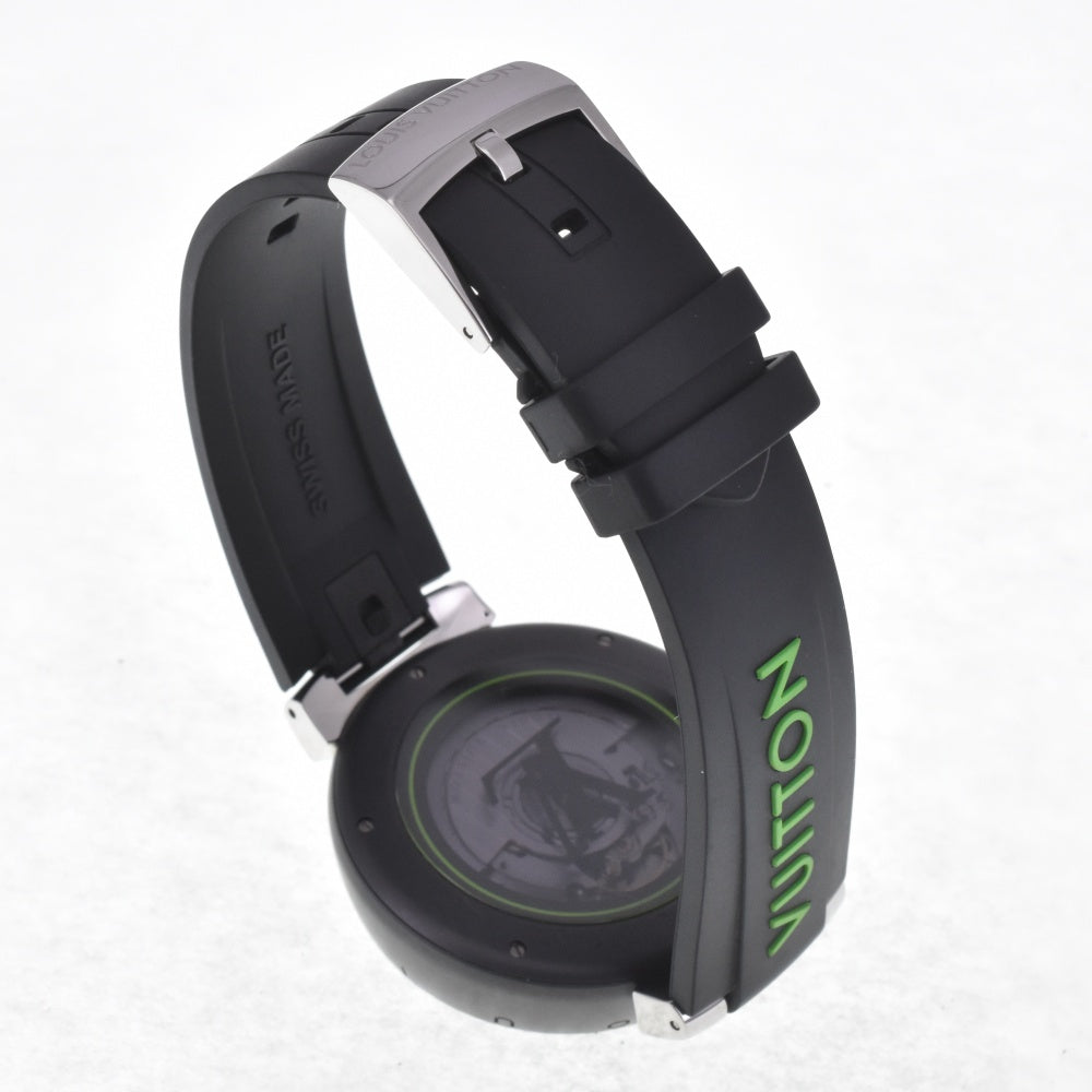 with paper LOUIS VUITTON Tambour Damier Graphite Lace QA131Z Black/Gray/Green Dial Automatic Men's
 Watch E#142220