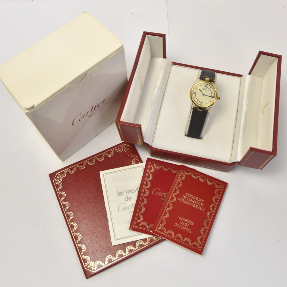 with paper CARTIER Must Vermeille 590003 SV25(Gold Plated)/Leather Ivory Dial Quartz Men's
 Watch J#142545