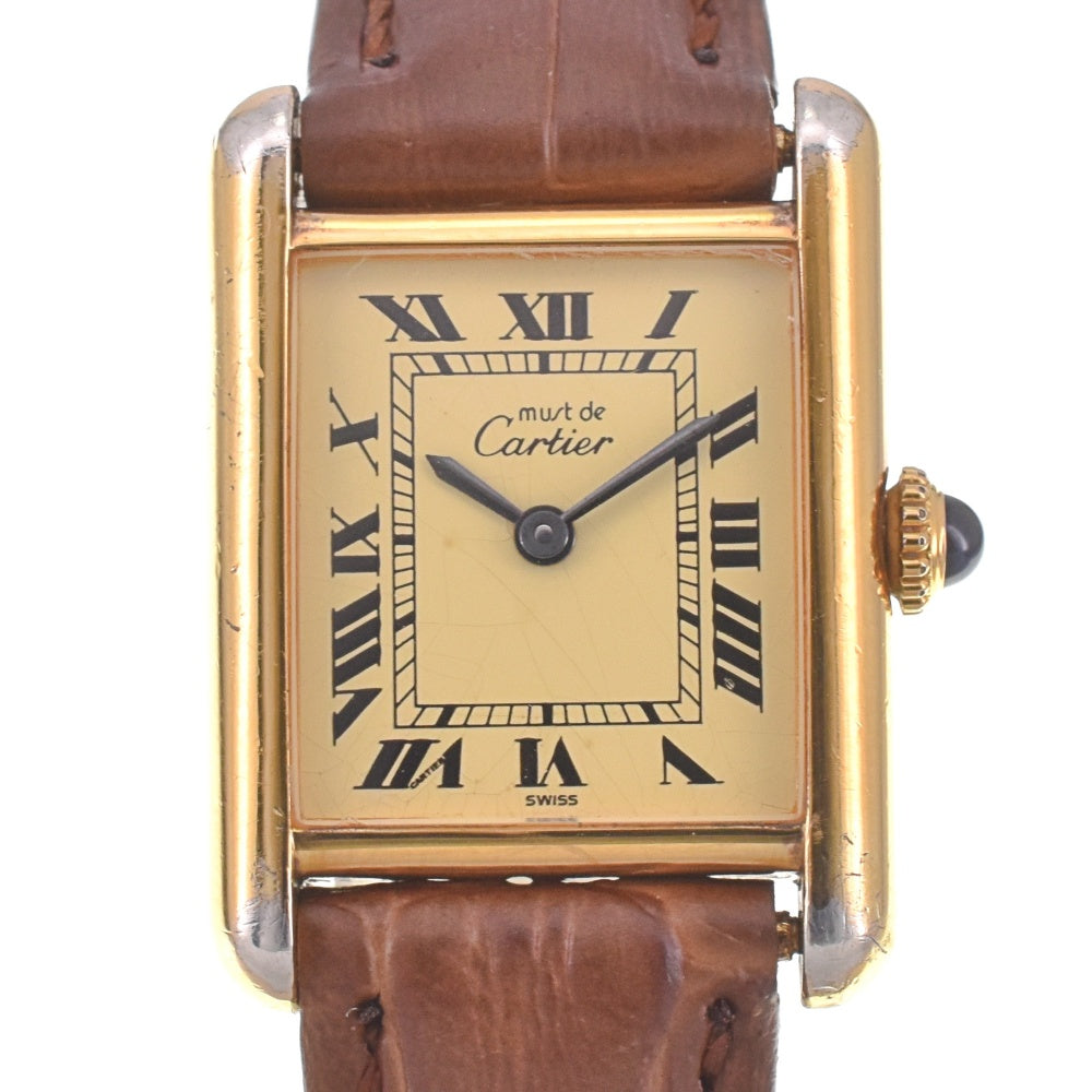CARTIER Must tank Vermeille SV925 (Gold Plated) / Leather Ivory Dial Quartz Ladies
 Watch J#142596