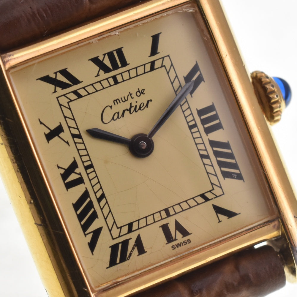 CARTIER Must tank Vermeille SV925 (Gold Plated) / Leather Ivory Dial Quartz Ladies
 Watch J#142596