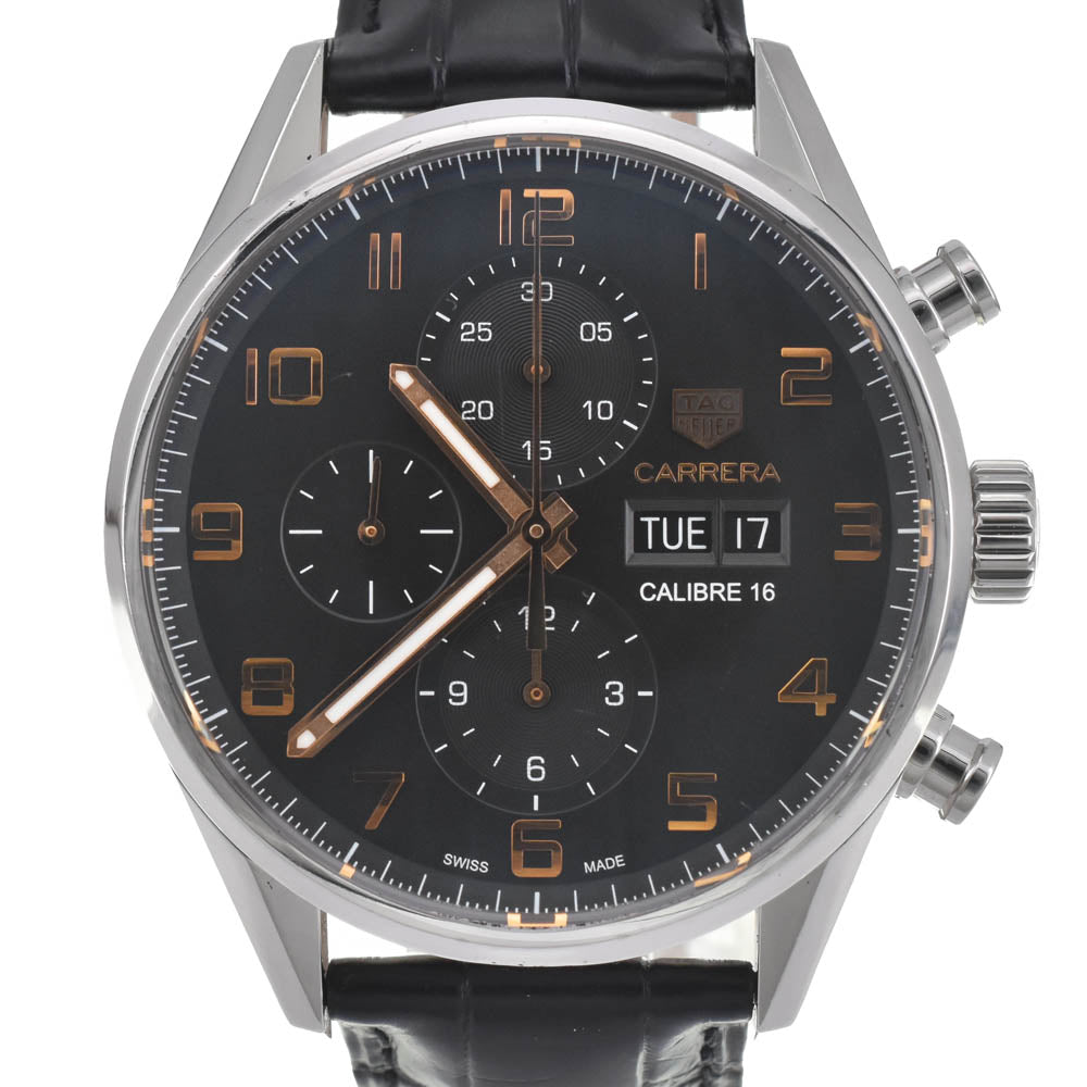 with paper TAG HEUER Carrera Caliber 16 CV2A1AB.BA0638 Chronograph Day Date Stainless Steel/Leather black Dial Automatic Men's
 Watch J#142716