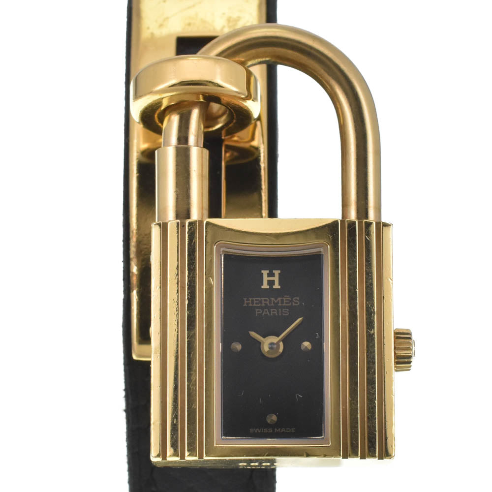 with paper HERMES Kelly watch Gold Plated / Leather black Dial Quartz Ladies
 Watch J#142730