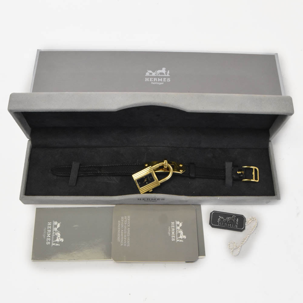 with paper HERMES Kelly watch Gold Plated / Leather black Dial Quartz Ladies
 Watch J#142730