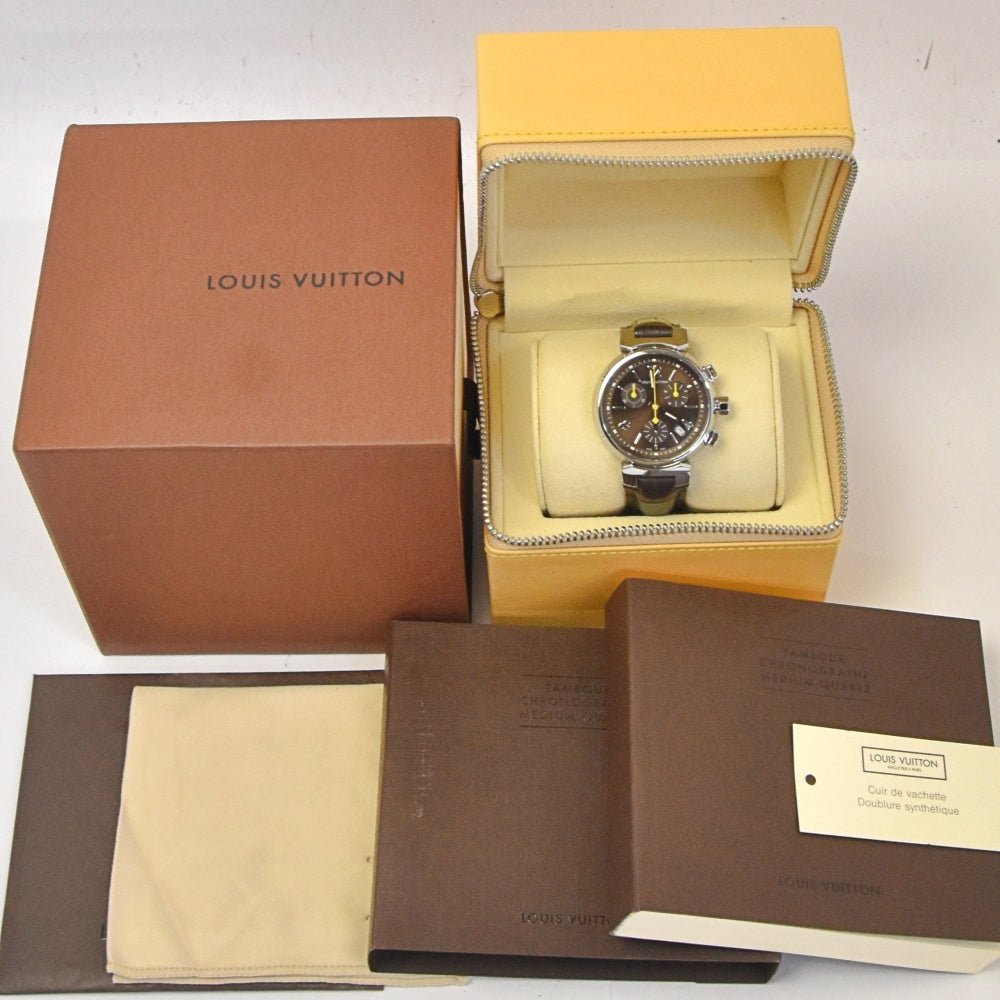 with paper LOUIS VUITTON Tambour Q1321 Chronograph Date Brown Dial Quartz Ladies
 Watch J#142757