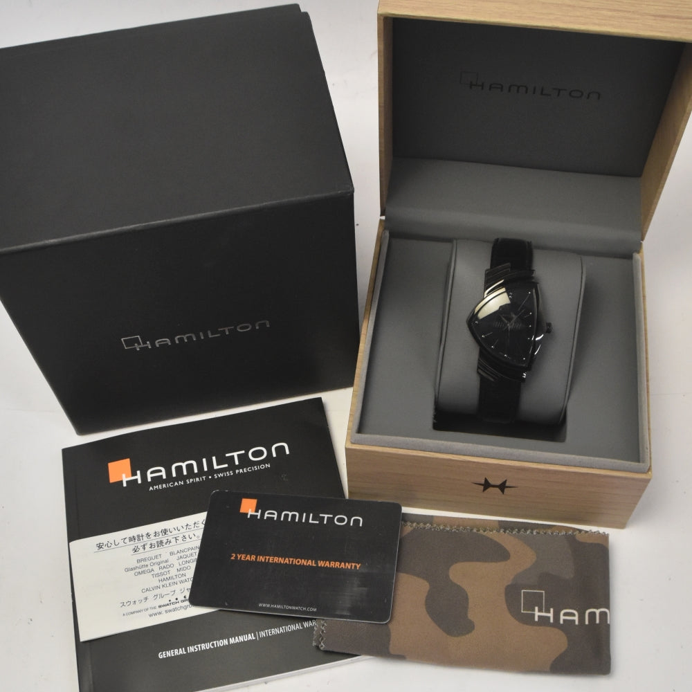 with paper HAMILTON Ventura full black 6337 Stainless Steel black Dial Quartz Men's
 Watch M#143068