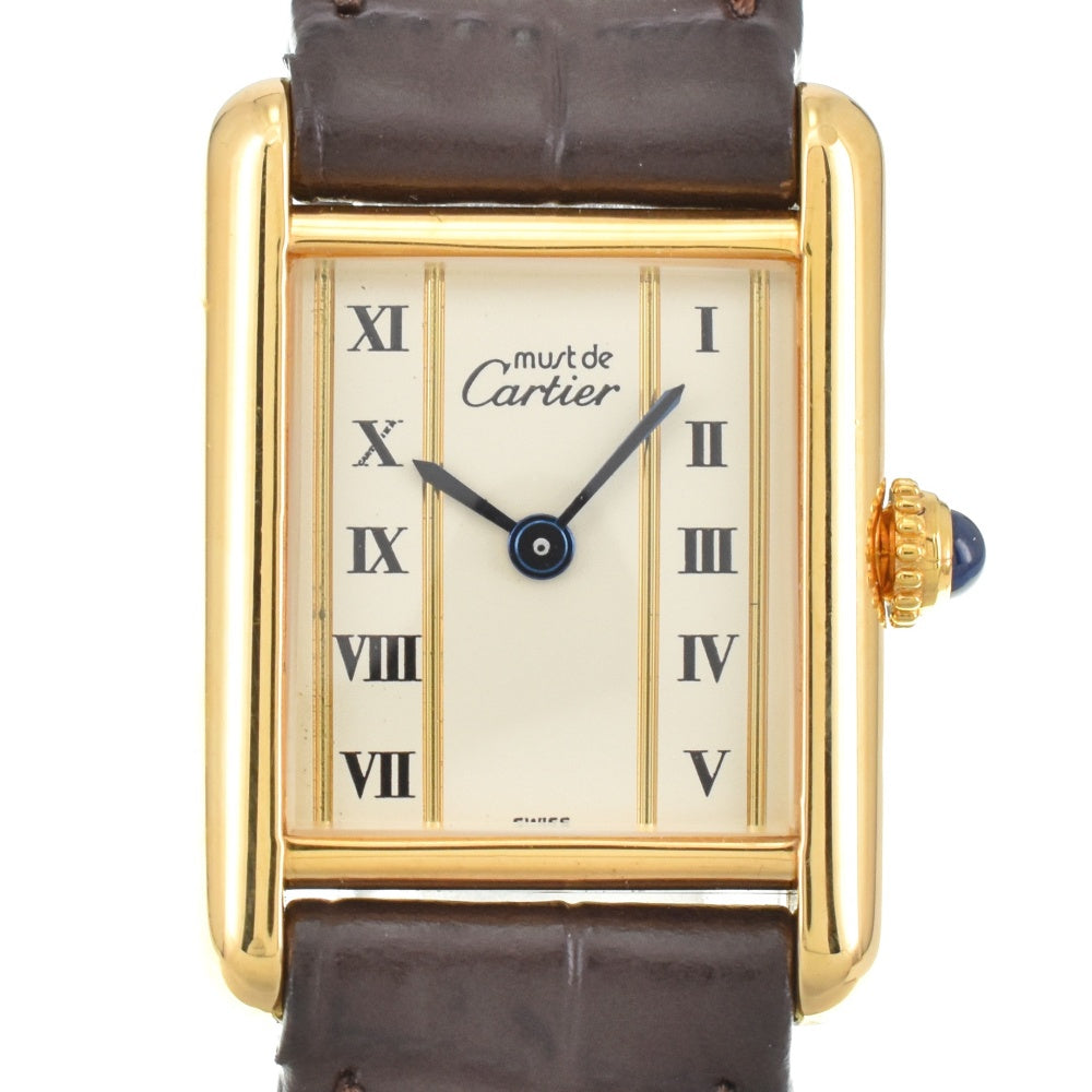 CARTIER Must tank Vermeille 5057001 SV925 (Gold Plated) / Leather Ivory Dial Quartz Ladies
 Watch O#143576