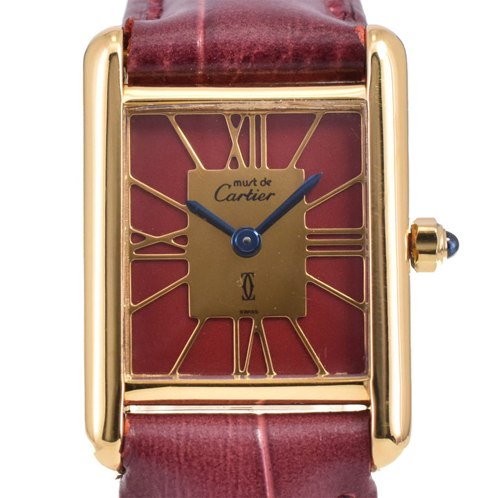 CARTIER Must tank Vermeille 366001 SV925 (Gold Plated) / Leather Bordeaux / Gold Dial Quartz Ladies
 Watch R#143587