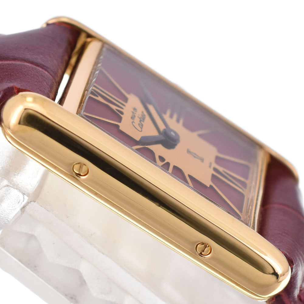 CARTIER Must tank Vermeille 366001 SV925 (Gold Plated) / Leather Bordeaux / Gold Dial Quartz Ladies
 Watch R#143587
