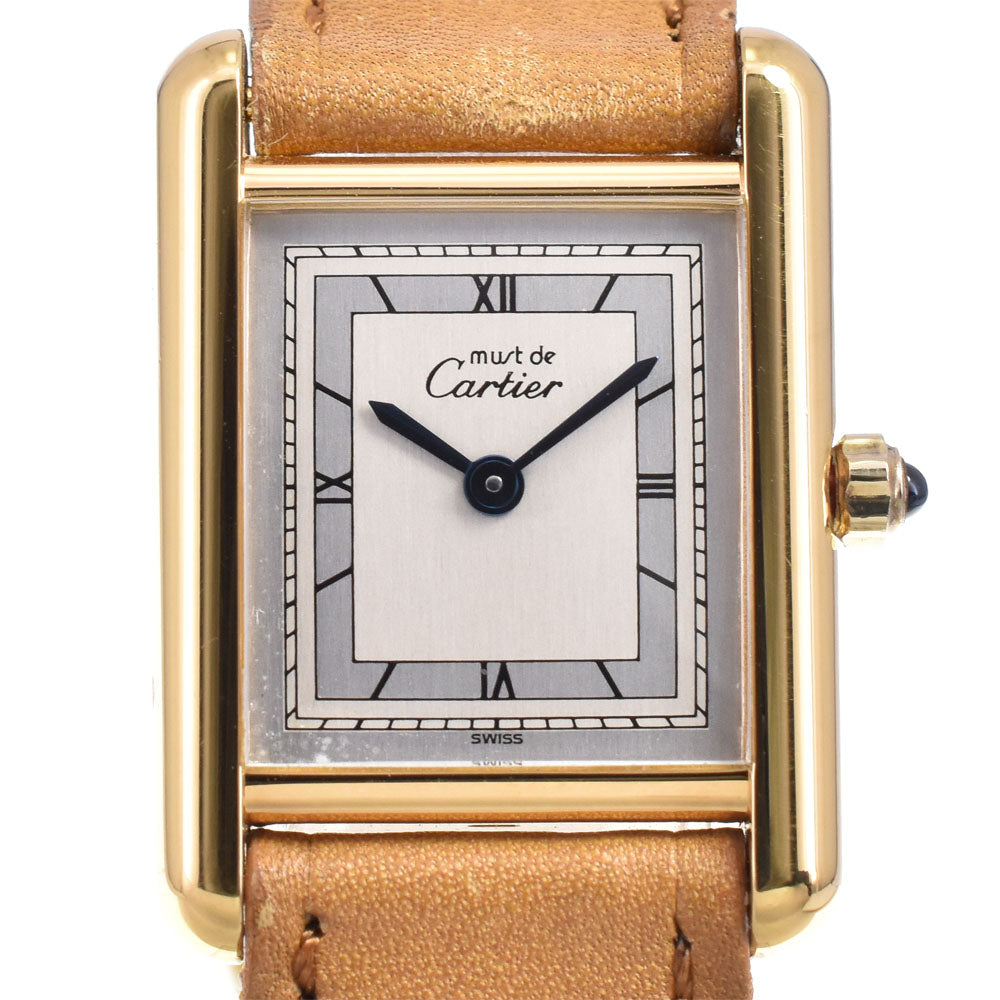 with paper CARTIER Must tank SM 366001 SV925 (Gold Plated) / Leather Silver Dial Quartz Ladies
 Watch R#143608