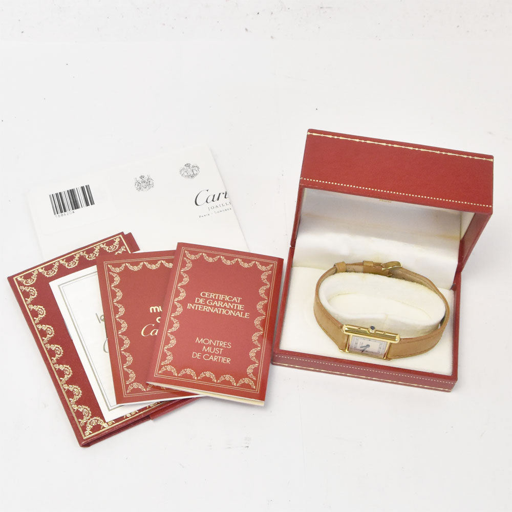 with paper CARTIER Must tank SM 366001 SV925 (Gold Plated) / Leather Silver Dial Quartz Ladies
 Watch R#143608