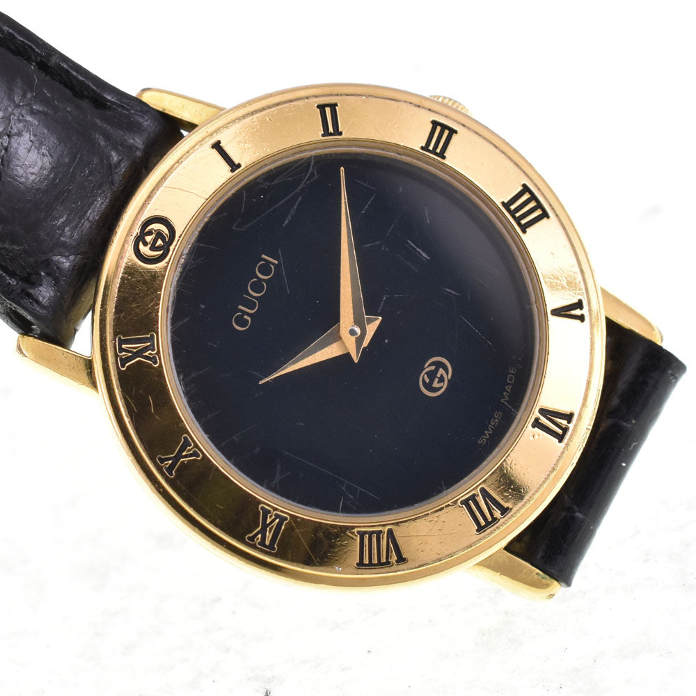 GUCCI 3000L Gold Plated / Leather black Dial Quartz Ladies
 Watch R#143628