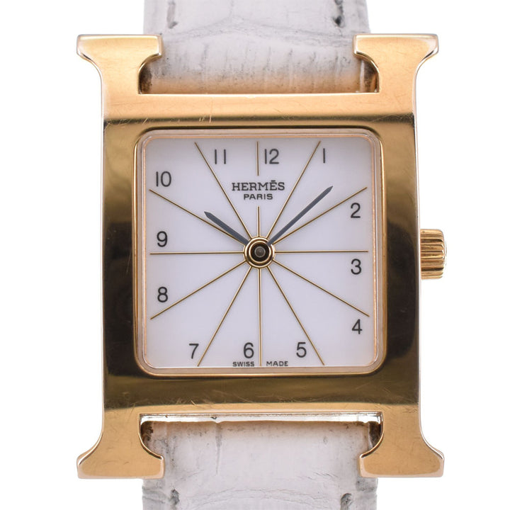 HERMES H watch HH1.201 Gold Plated / Leather white Dial Quartz Ladies
 Watch R#143716