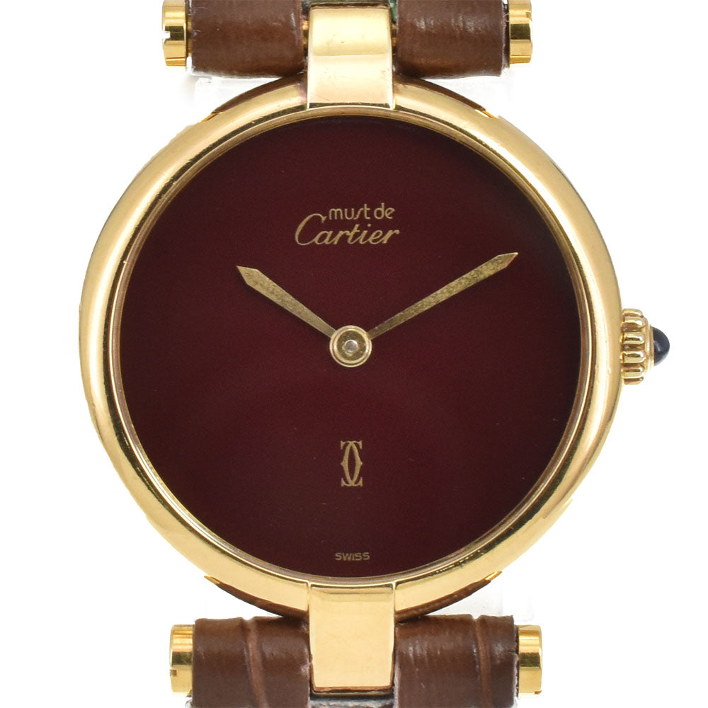 CARTIER Must Vendome SV925 (Gold Plated) / Leather wine-red Dial Quartz Ladies
 Watch R#143991