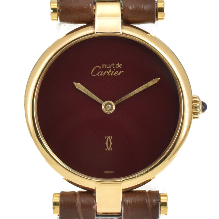 CARTIER Must Vendome SV925 (Gold Plated) / Leather wine-red Dial Quartz Ladies
 Watch R#143991