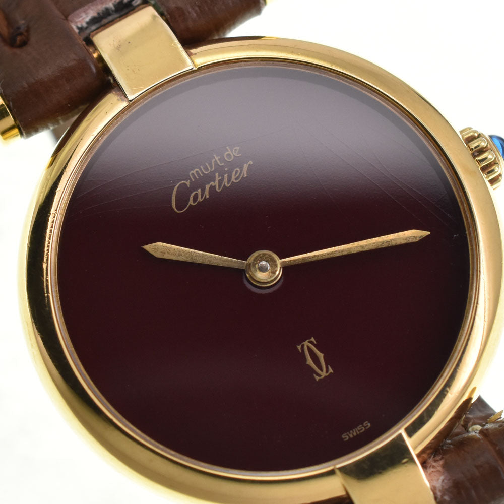 CARTIER Must Vendome SV925 (Gold Plated) / Leather wine-red Dial Quartz Ladies
 Watch R#143991