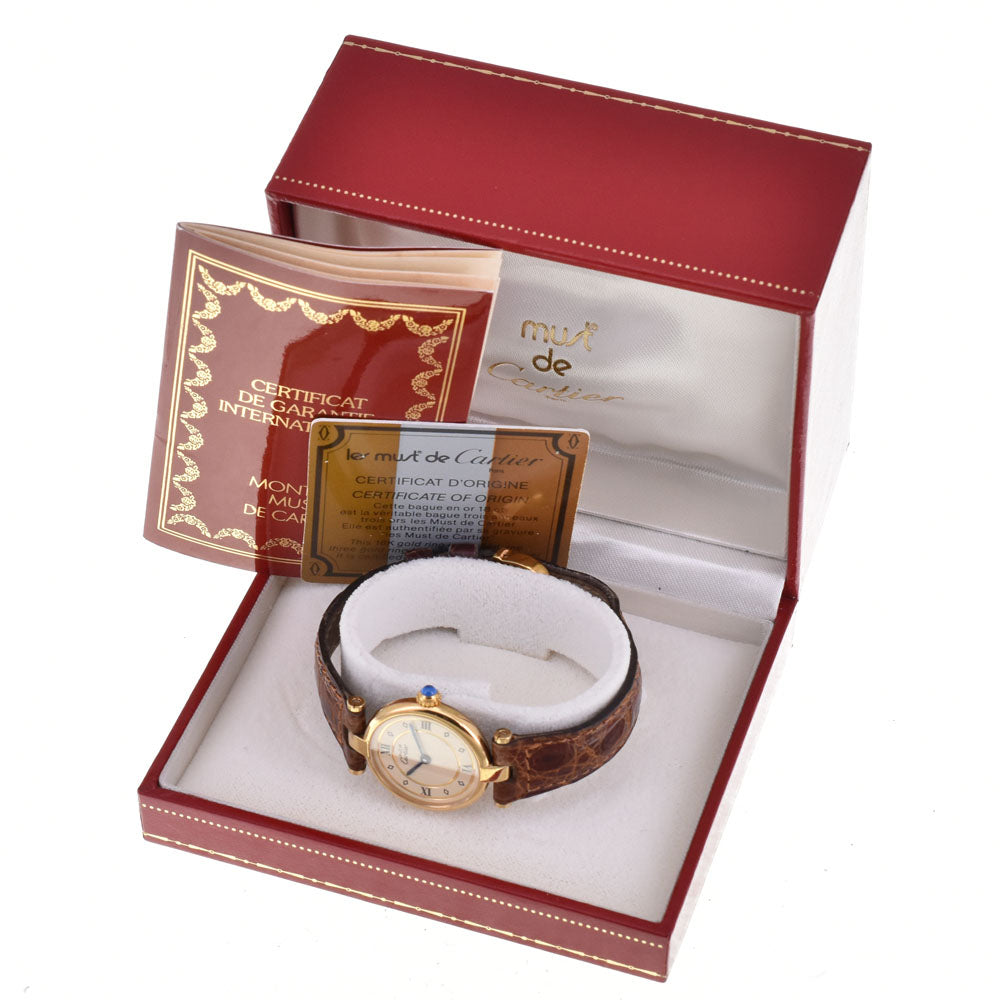 with paper CARTIER Must Vendome Vermeille 590004 SV925 (Gold Plated) / Leather Ivory Dial Quartz Ladies
 Watch A#144063