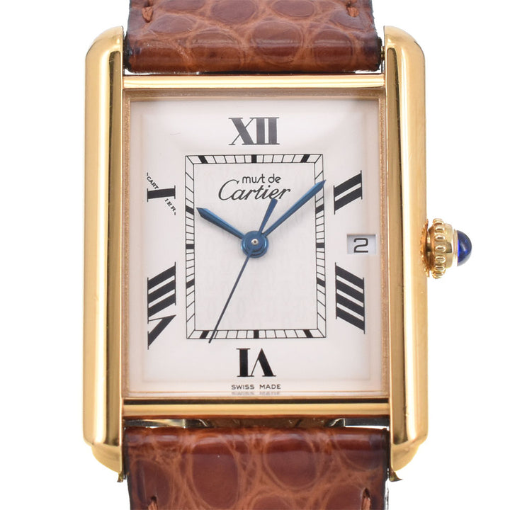 with paper CARTIER Must tank LM W1013754 Date SV925 (Gold Plated)/Leather white Dial Quartz Men's
 Watch B#144065