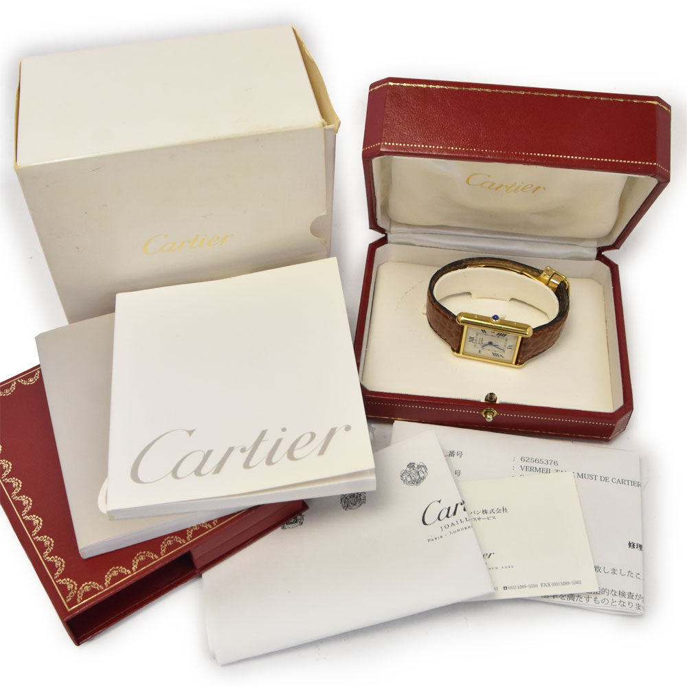 with paper CARTIER Must tank LM W1013754 Date SV925 (Gold Plated)/Leather white Dial Quartz Men's
 Watch B#144065