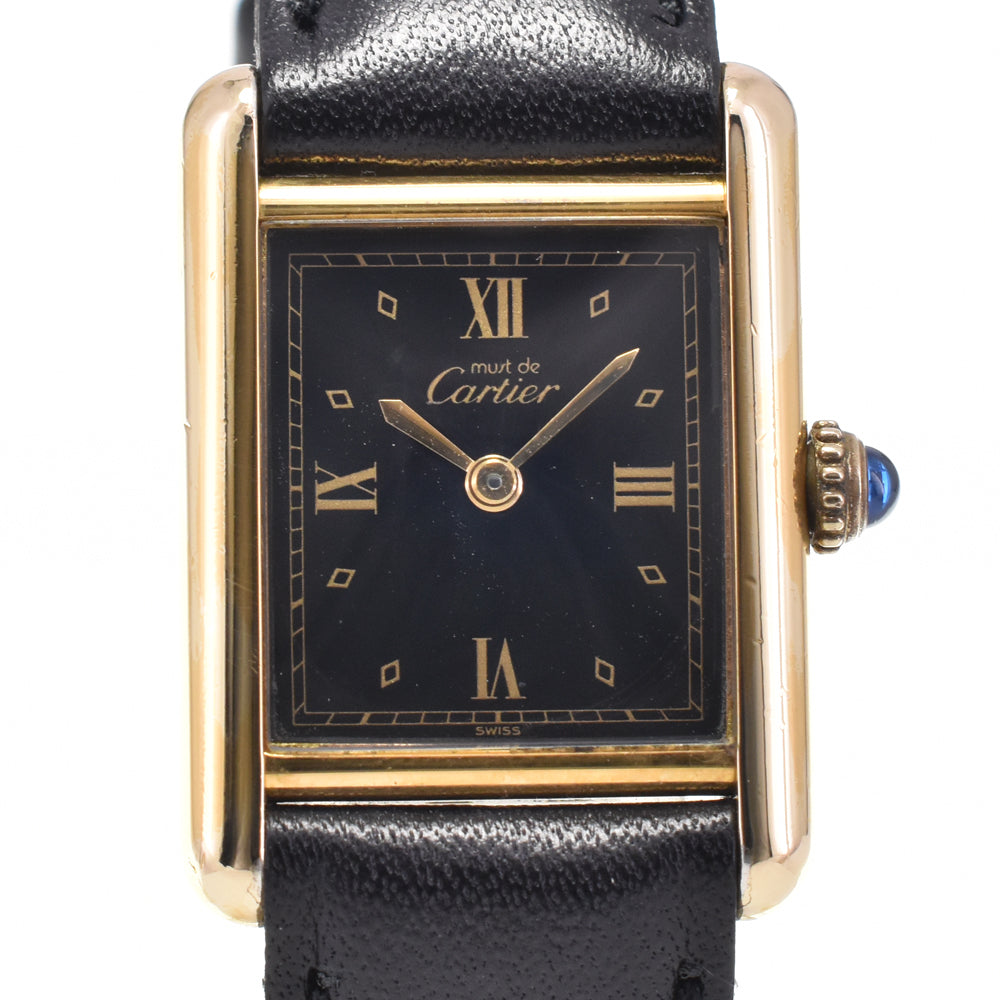 CARTIER Must tank SM 5057001 SV925 (Gold Plated) / Leather black Dial Quartz Ladies
 Watch C#144422