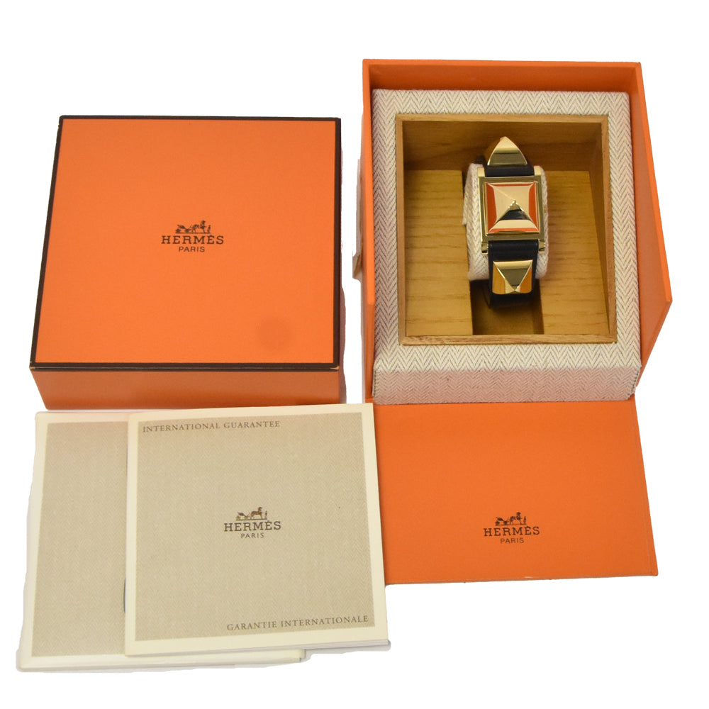 with paper HERMES Medor Gold Plated / Leather white Dial Quartz Ladies
 Watch E#144657