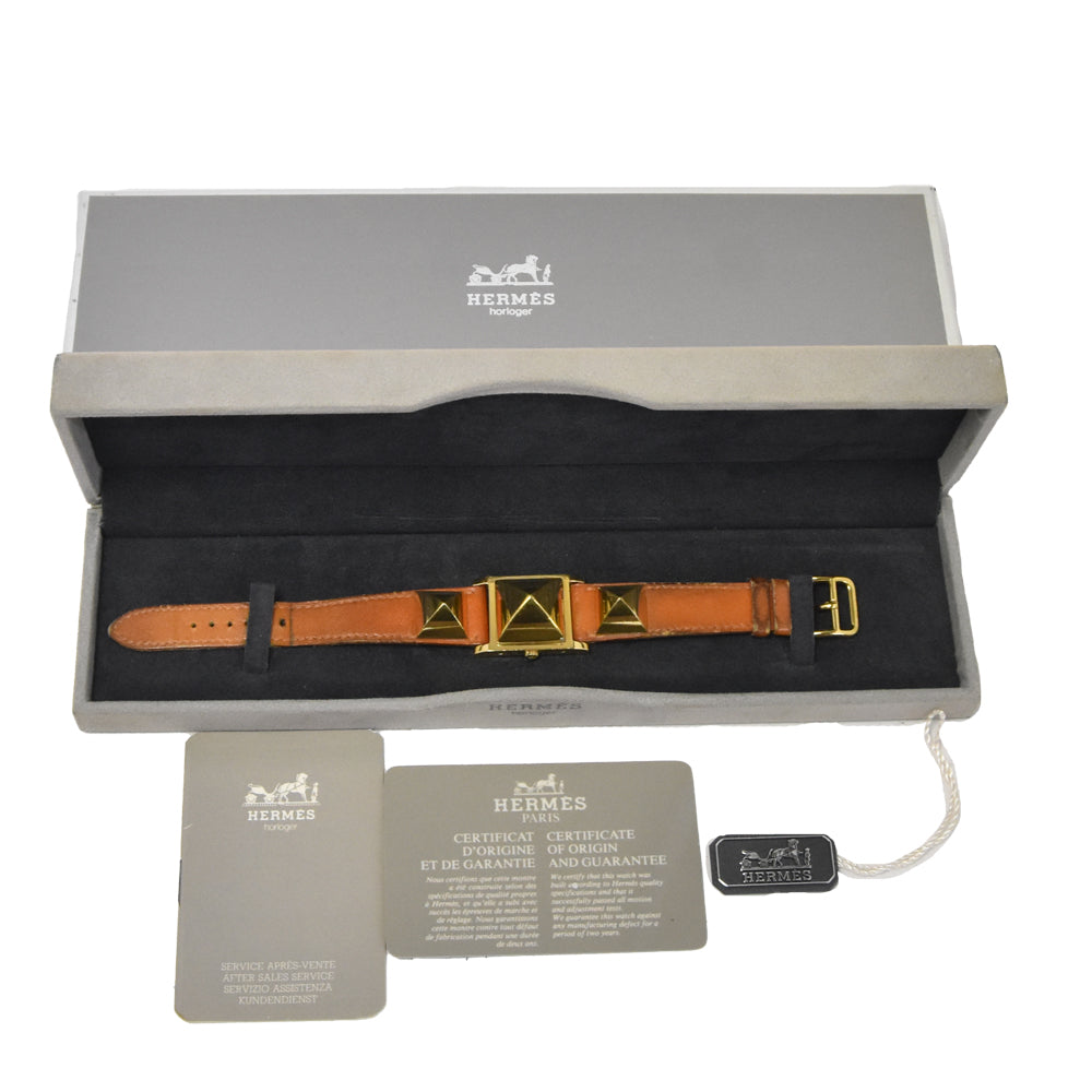 with paper HERMES Medor Gold Plated / Leather white Dial Quartz Ladies
 Watch H#144676