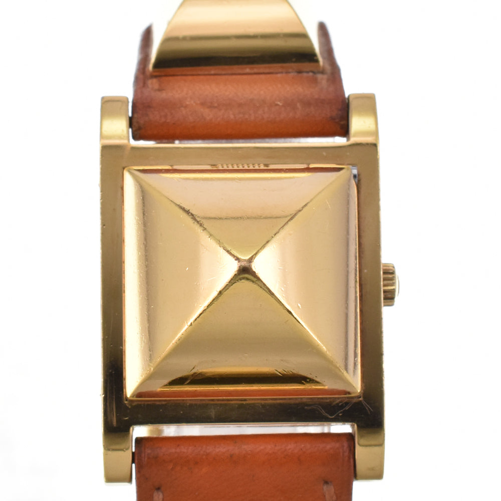 with paper HERMES Medor Gold Plated / Leather white Dial Quartz