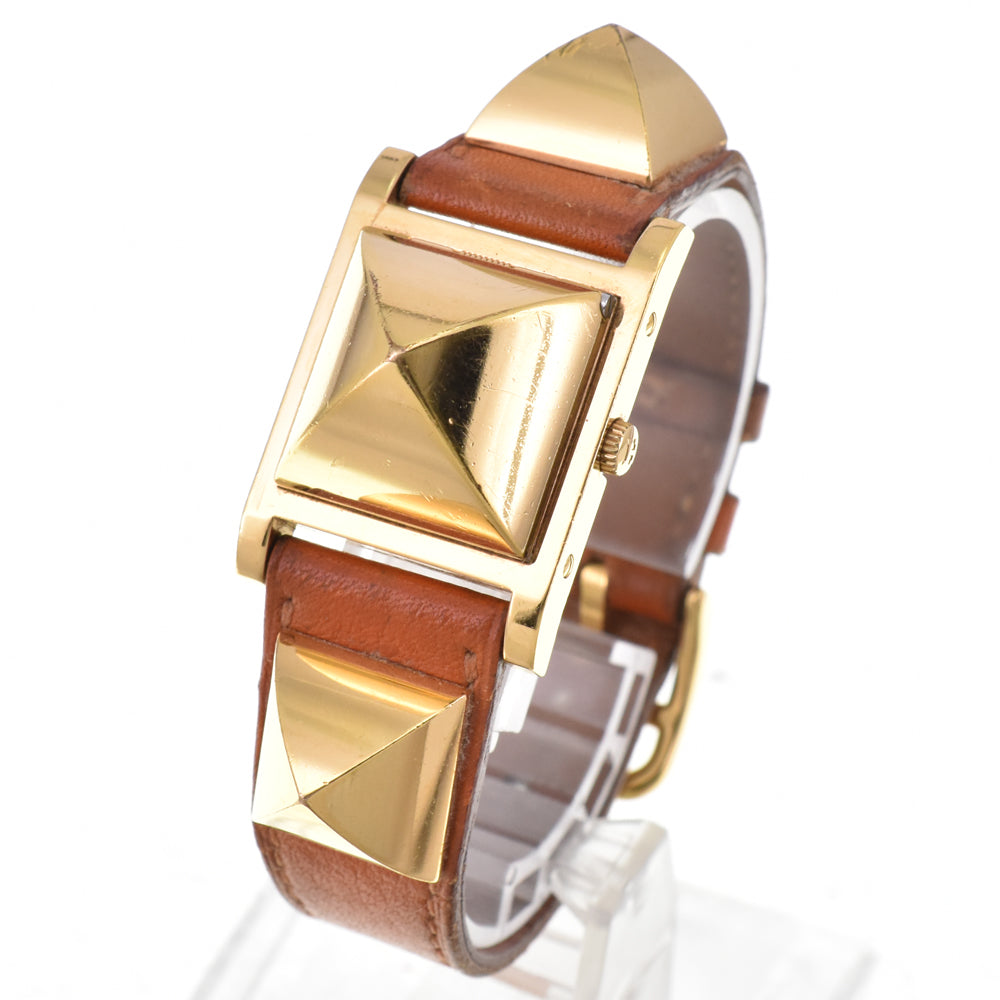 with paper HERMES Medor Gold Plated / Leather white Dial Quartz Ladies
 Watch H#144676