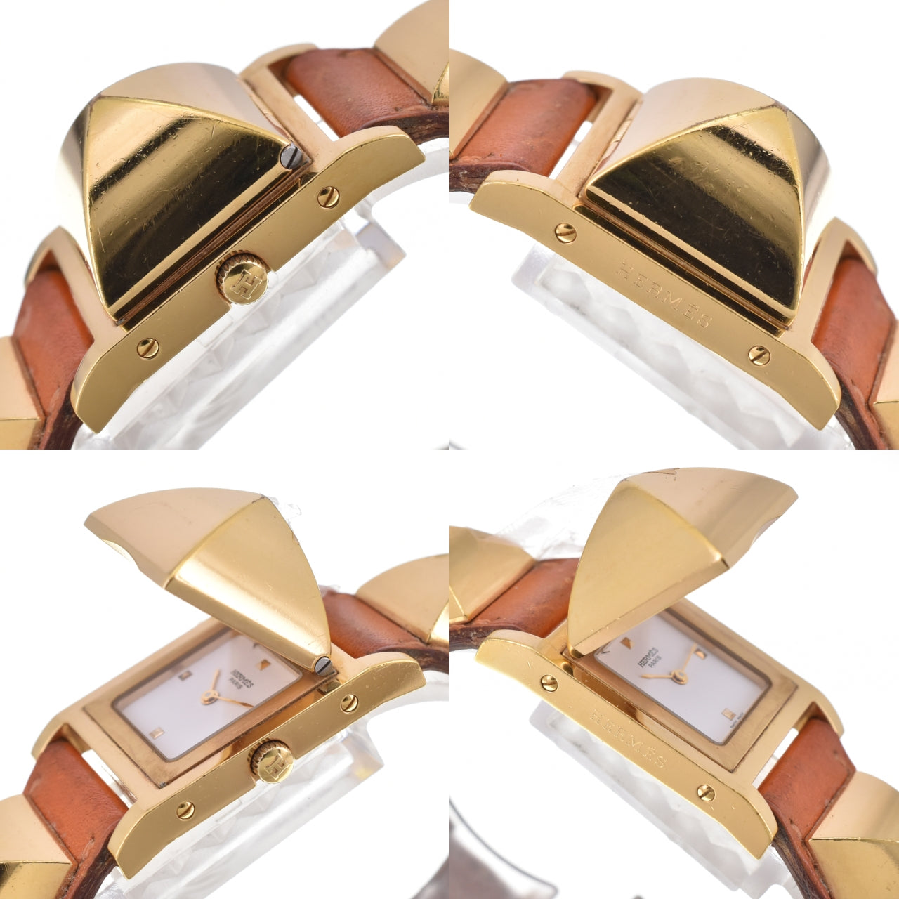 with paper HERMES Medor Gold Plated / Leather white Dial Quartz Ladies
 Watch H#144676