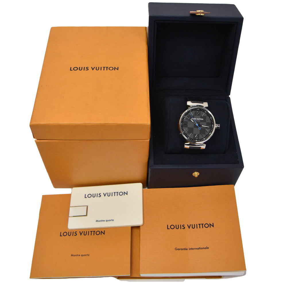 with paper LOUIS VUITTON Tambour Damier Graphite QA073 black Dial Quartz Men's
 Watch □#144745