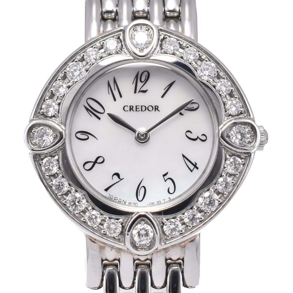 SEIKO CREDOR SIGNO 1E70-0CY0 Diamond Bezel White shell Dial Quartz Ladies
 Watch H#144865
